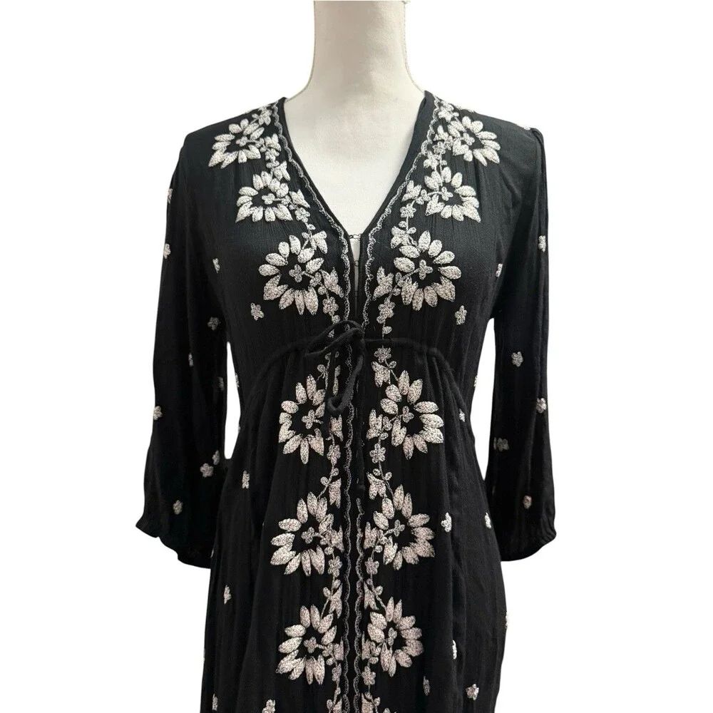 Free People Fable Embroidered V Neck Midi Dress Black White Size M Boho Whimsy